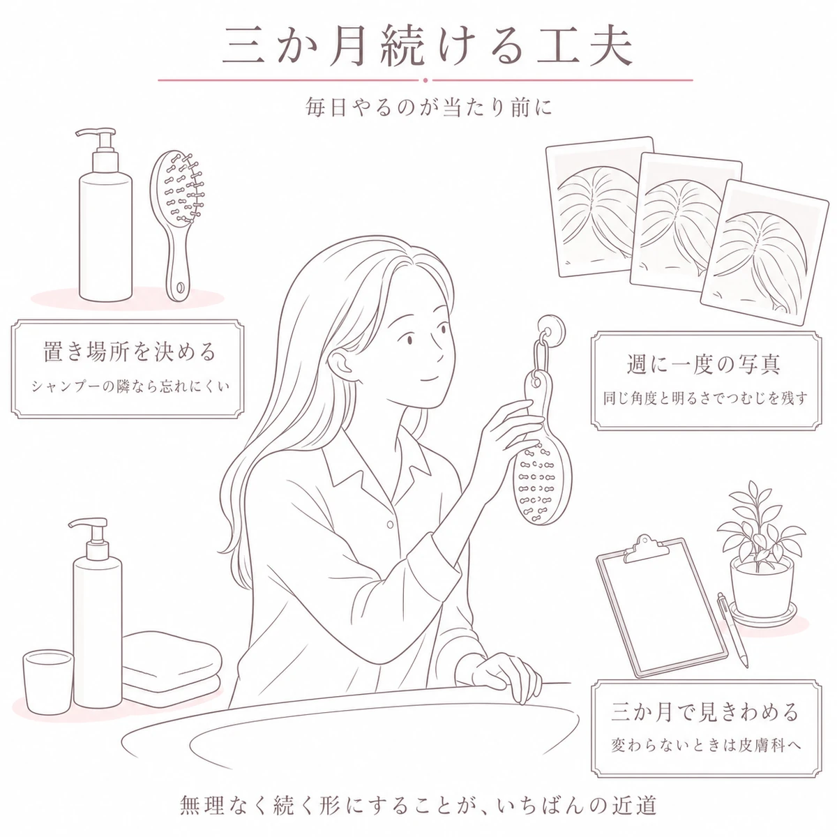 洗面台に掛けたブラシと写真の記録で習慣を続ける工夫を描いた線画イラスト