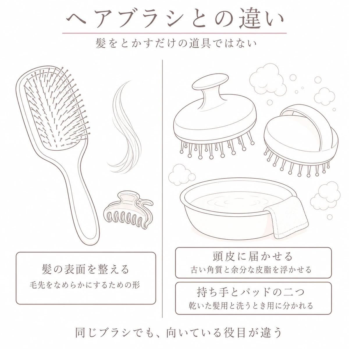 普通のヘアブラシとスカルプブラシの役目の違いを左右に並べた線画イラスト