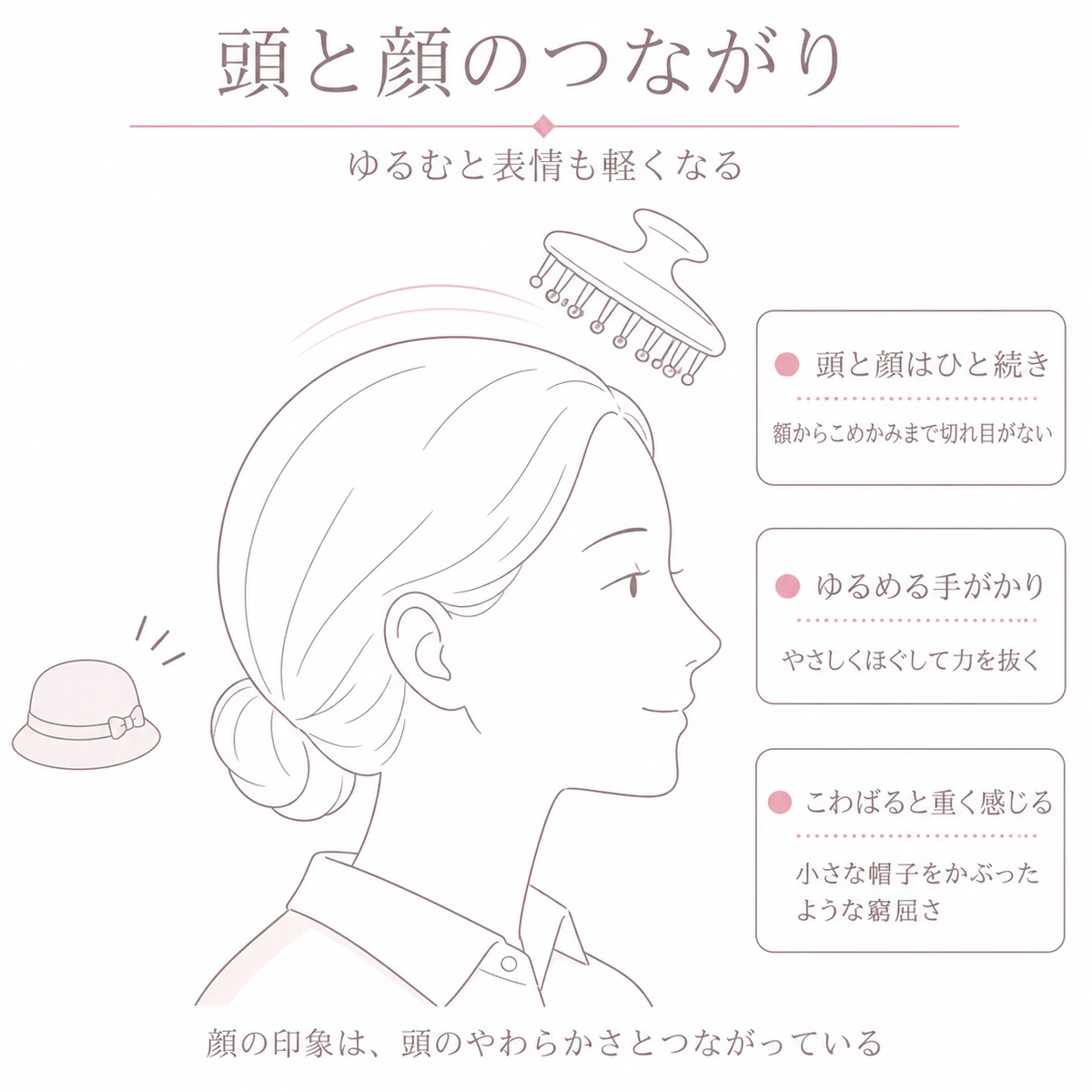 頭皮から額とこめかみへ切れ目なく続くつながりを横顔で描いた線画イラスト