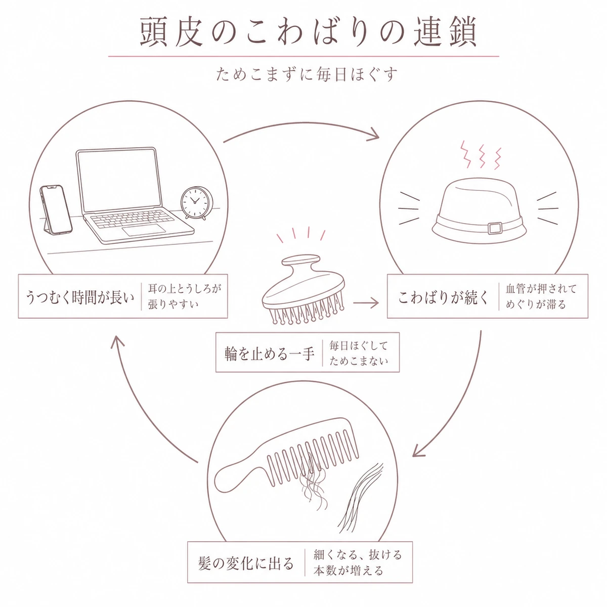 うつむく時間から髪の変化まで続く悪い流れとほぐす一手を輪で描いた線画イラスト