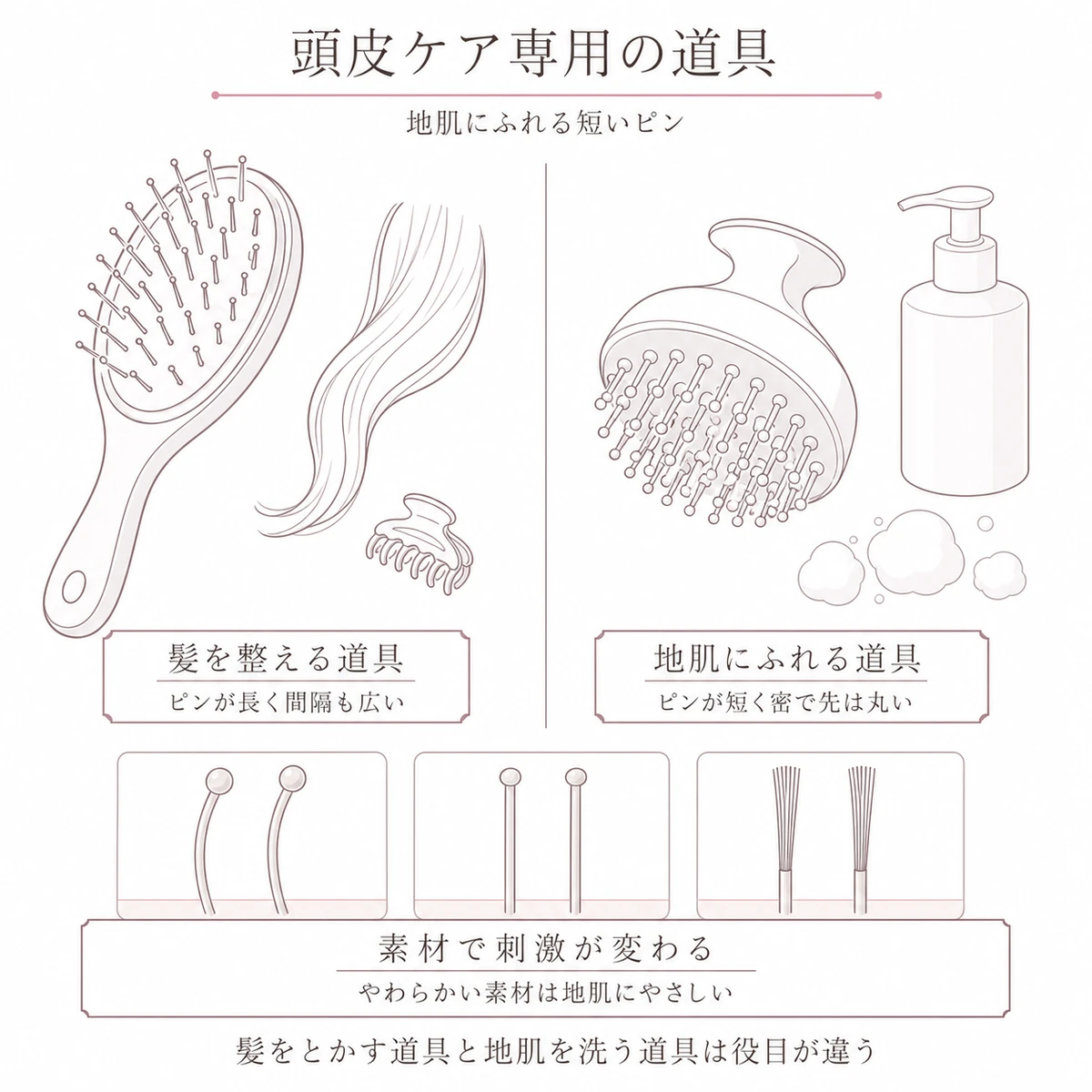 ヘアブラシとスカルプブラシのピンの違いを左右に並べた線画イラスト