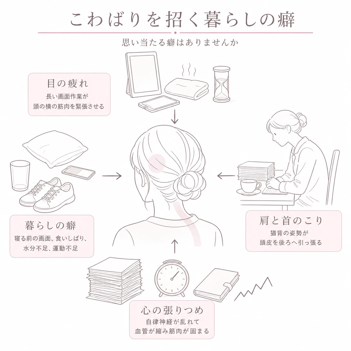 頭部を中心に置き、目の疲れや猫背の姿勢、張りつめた気持ちなど硬さの原因を周囲に配した図解イラスト
