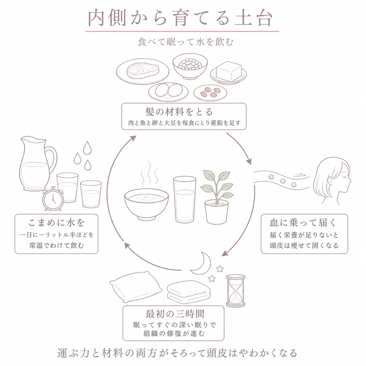 食卓と運ぶ帯と眠りと水分を輪でつなぎ、栄養が頭皮まで巡る流れを時計回りに表した図解イラスト