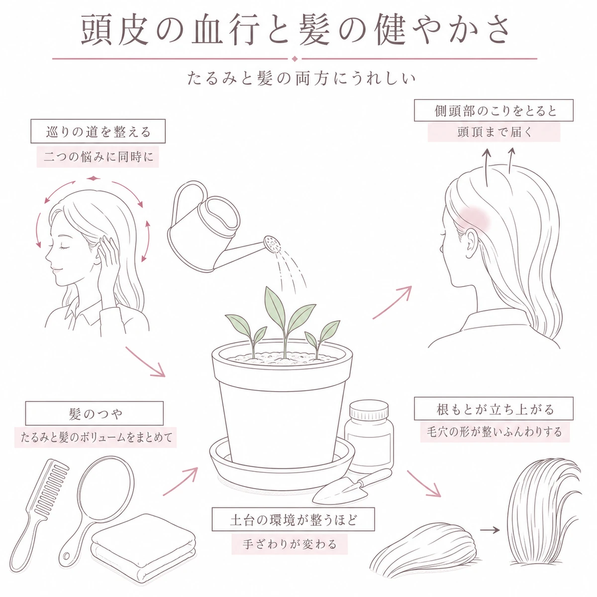鉢植えと水やりの場面を中心に、根元の立ち上がりや髪のつやという変化を周囲に配したイラスト