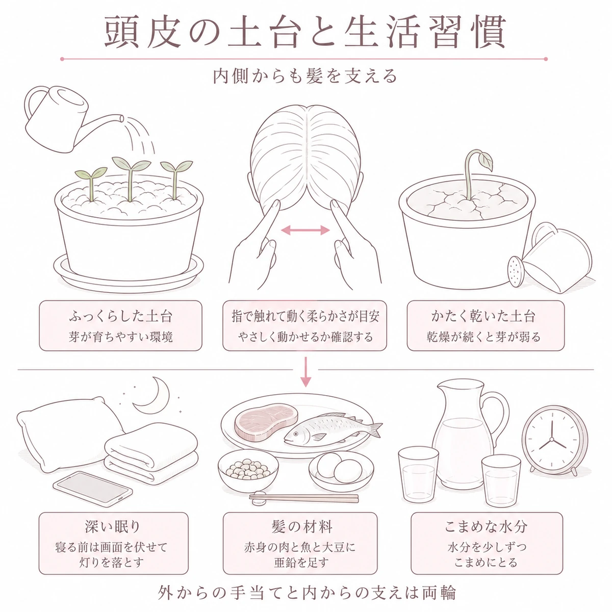 ふっくらした土とかたく乾いた土を上段で比べ、眠りと食事と水分の支度を下段に並べたイラスト