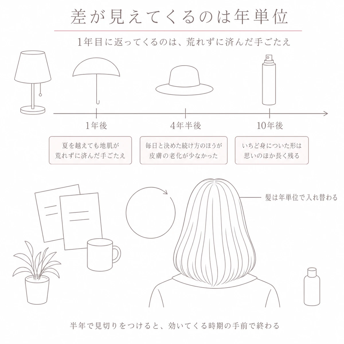 1年後・4年半後・10年後という節目を横の帯で示し、髪が入れ替わる周期を下に添えた図