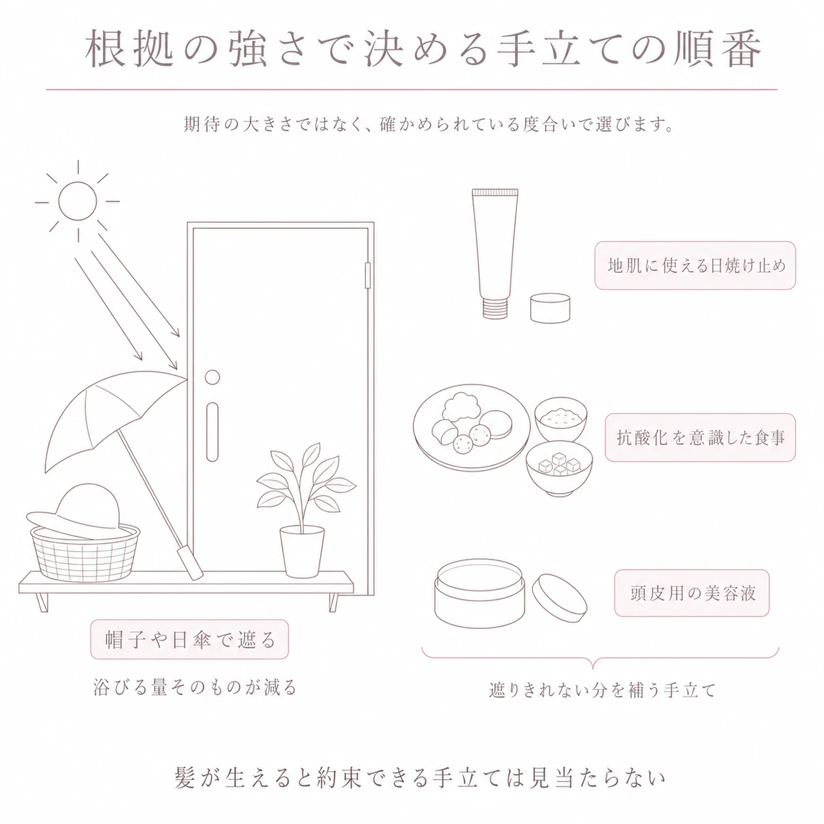 左に帽子と日傘、右に日焼け止めと食事と美容液を縦に並べ、根拠の強さの違いで手立てを配置した図