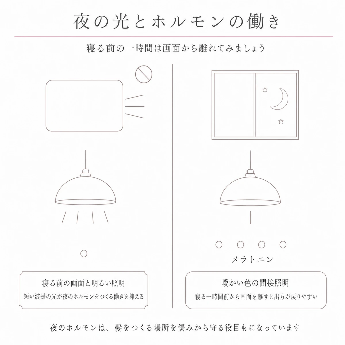 明るい画面のある夜と照明を落とした夜を左右に並べ、睡眠ホルモンの出方の違いを描いたイラスト