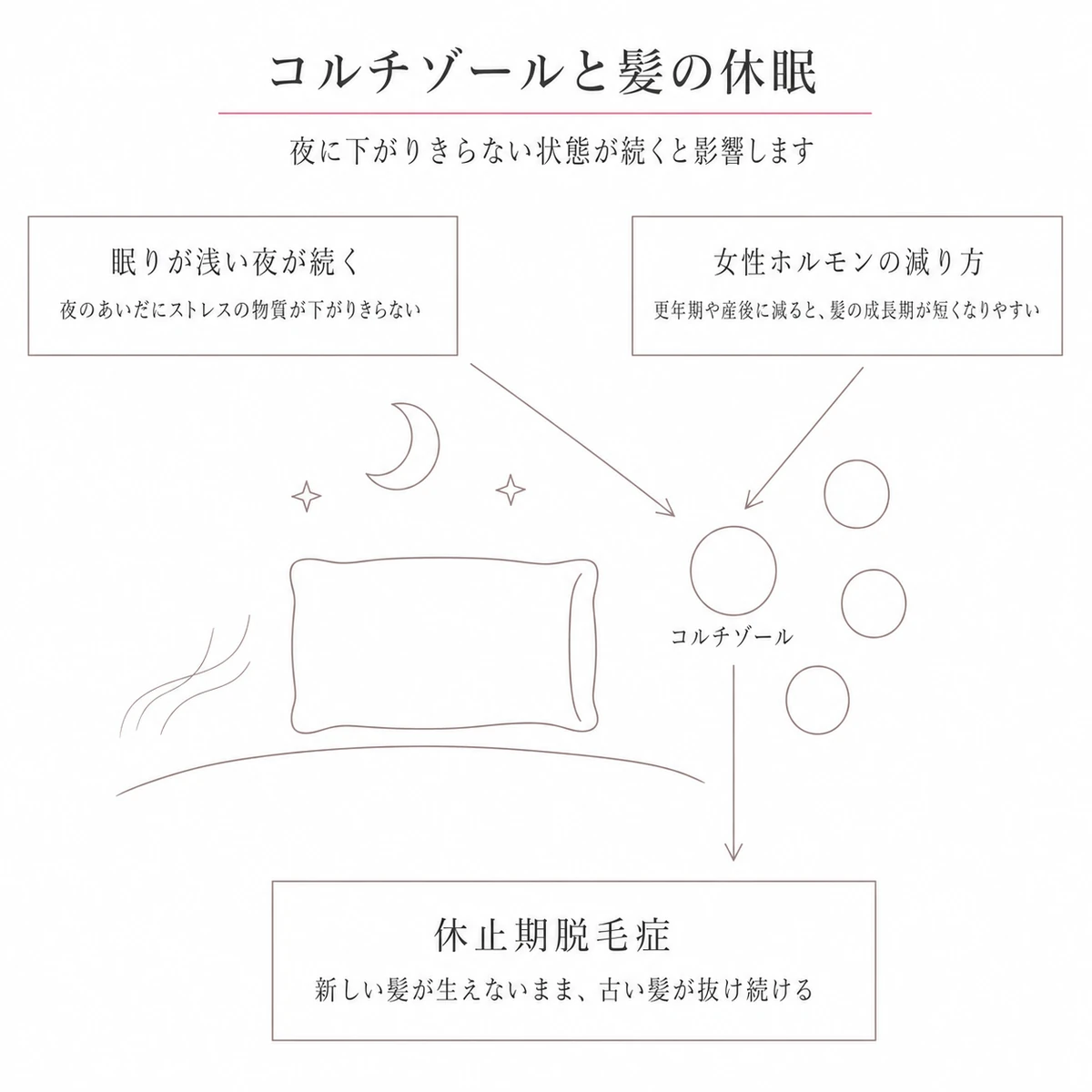 夜の寝室を中央に置き、ストレスホルモンが増える要因と髪への影響を周囲に添えたイラスト