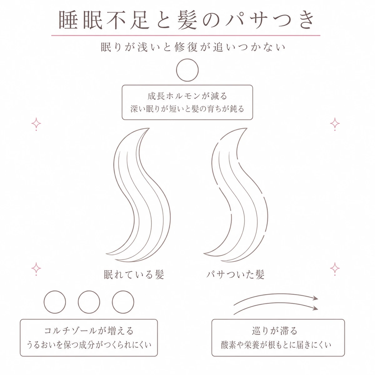 眠れている髪とパサついた髪を中央に並べ、原因となる三つの変化を周囲に配したイラスト