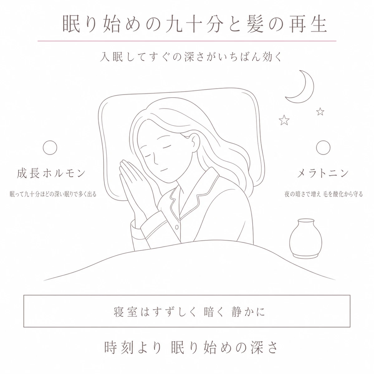 眠り始めの深い時間に働く二つのホルモンを一枚の場面で描いたイラスト