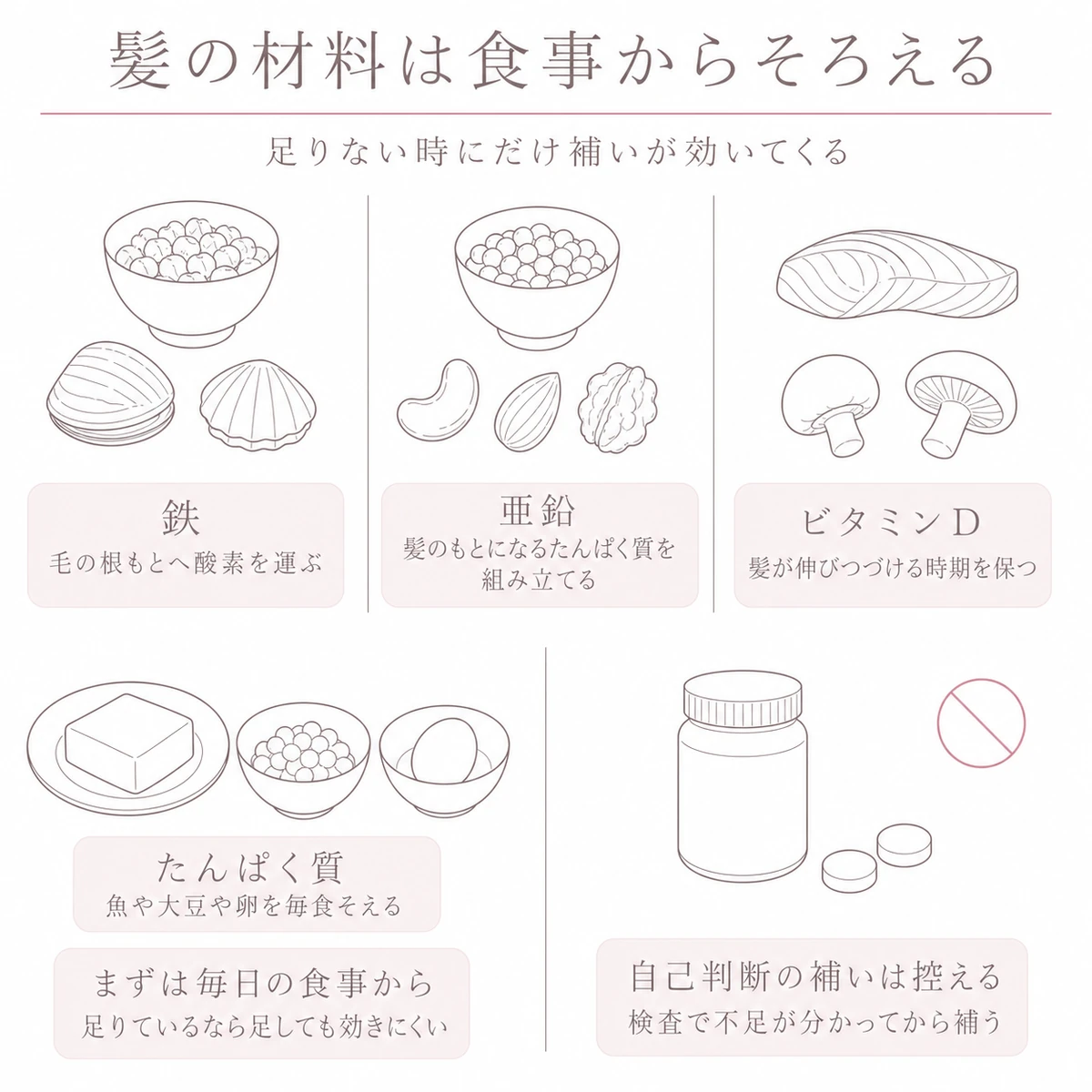 鉄と亜鉛とビタミンDを含む食材とたんぱく質の献立を横に並べ自己判断の補いを控えることを添えた線画イラスト