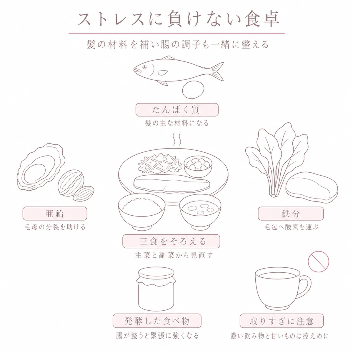 中央の食事のまわりにたんぱく質と鉄分と亜鉛と発酵した食べ物を配し取りすぎの注意も添えた線画イラスト