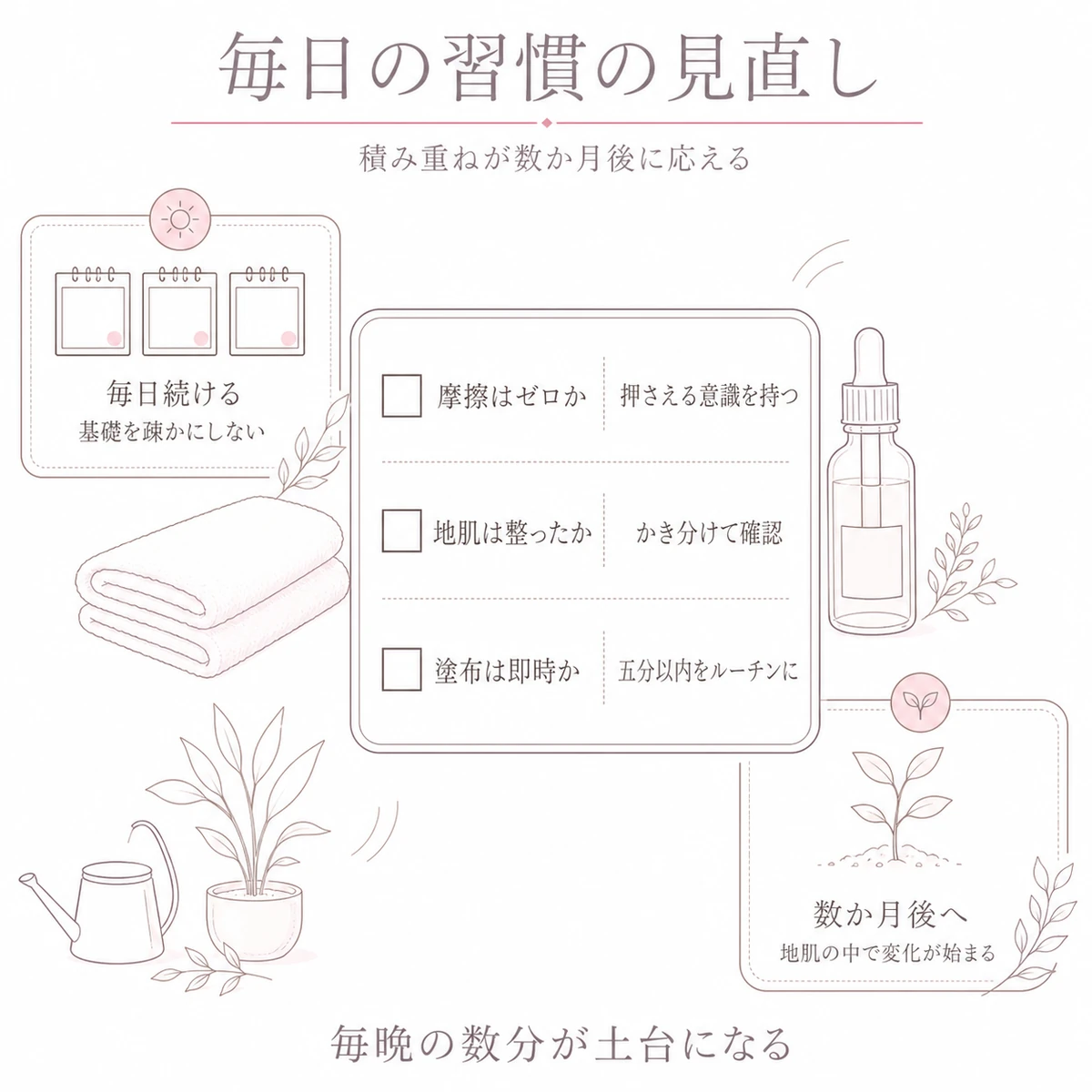 摩擦ゼロや地肌の確認や即時塗布など毎日のタオルドライ習慣を見直すチェックリストを表した図解イラスト