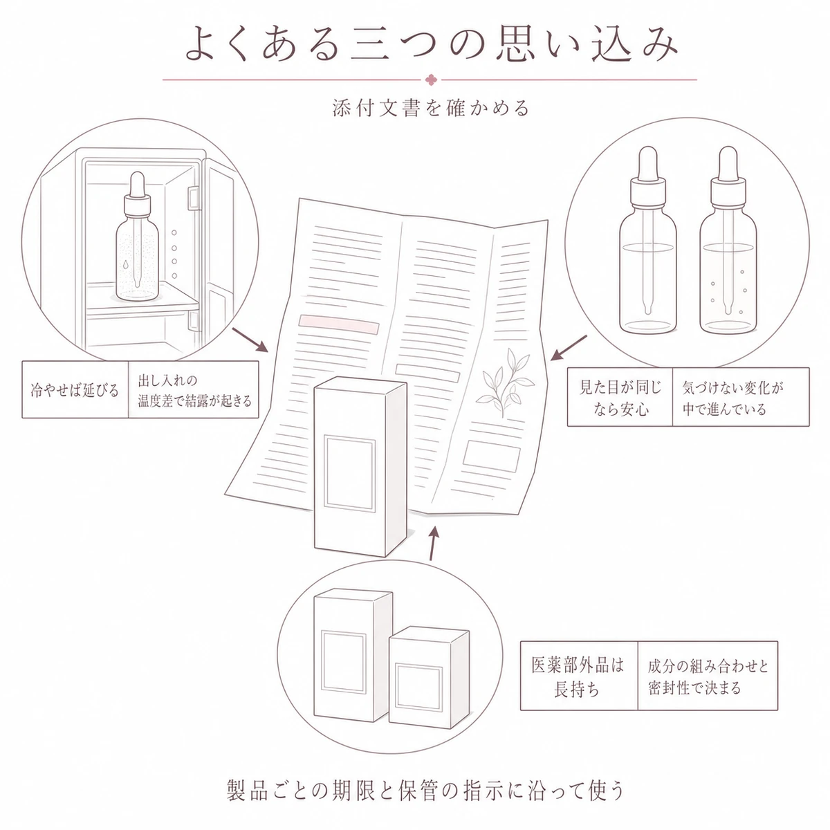冷蔵保管や見た目での判断といった期限をめぐる思い込みを中央の添付文書のまわりに集めたイラスト