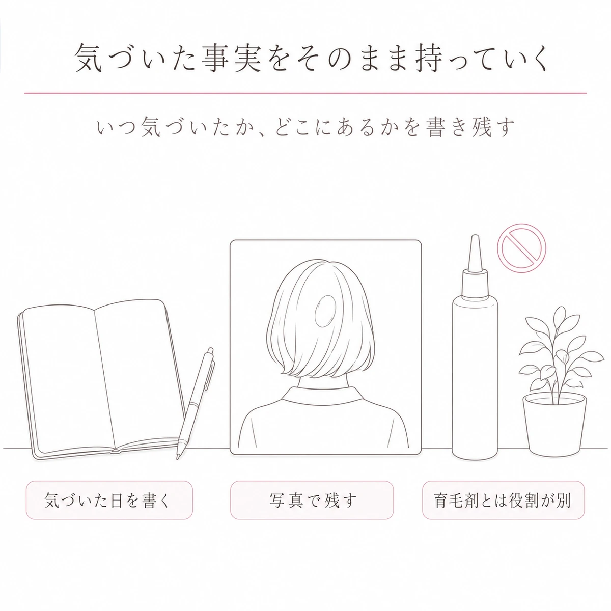 机の上のメモと写真、育毛剤を並べて受診前の備えを表したイラスト