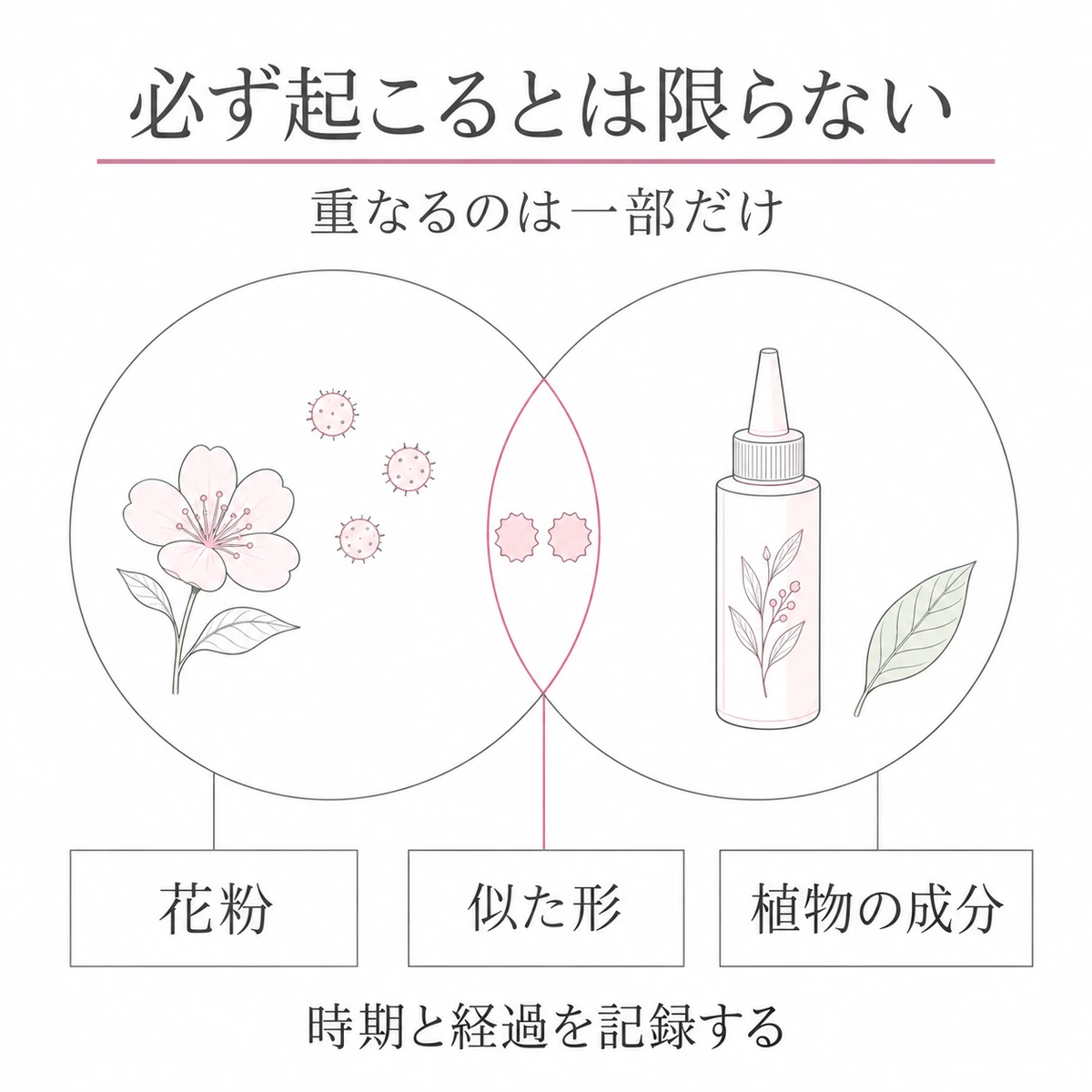 花粉と植物の成分を表す2つの円が一部だけ重なり、似た形があることを示す図