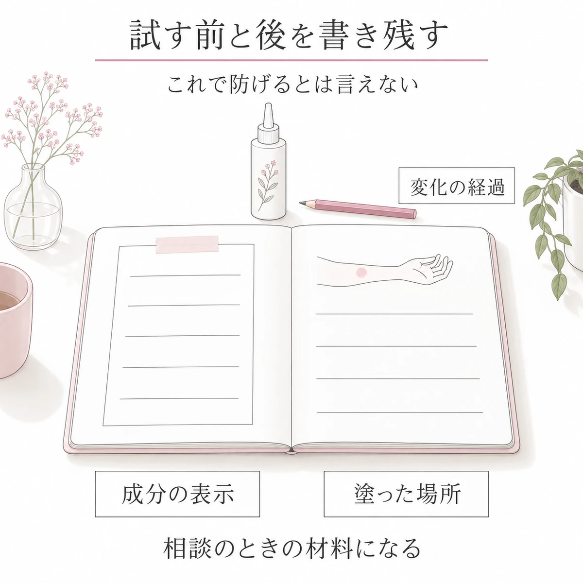 開いたノートに成分の表示、塗った場所、変化の経過を記録する内容を描いた図解