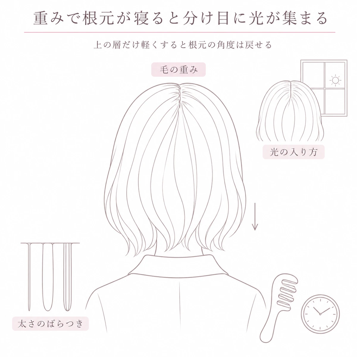 寝た根元と分け目の光、毛の太さのばらつきを中央と周囲に置いて描いたイラスト