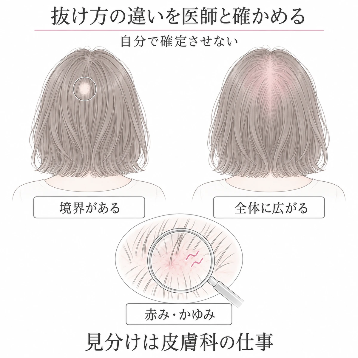 女性の後頭部と地肌を並べ、境界のある抜け方、全体に広がる抜け方、赤みやかゆみの違いを比較した図