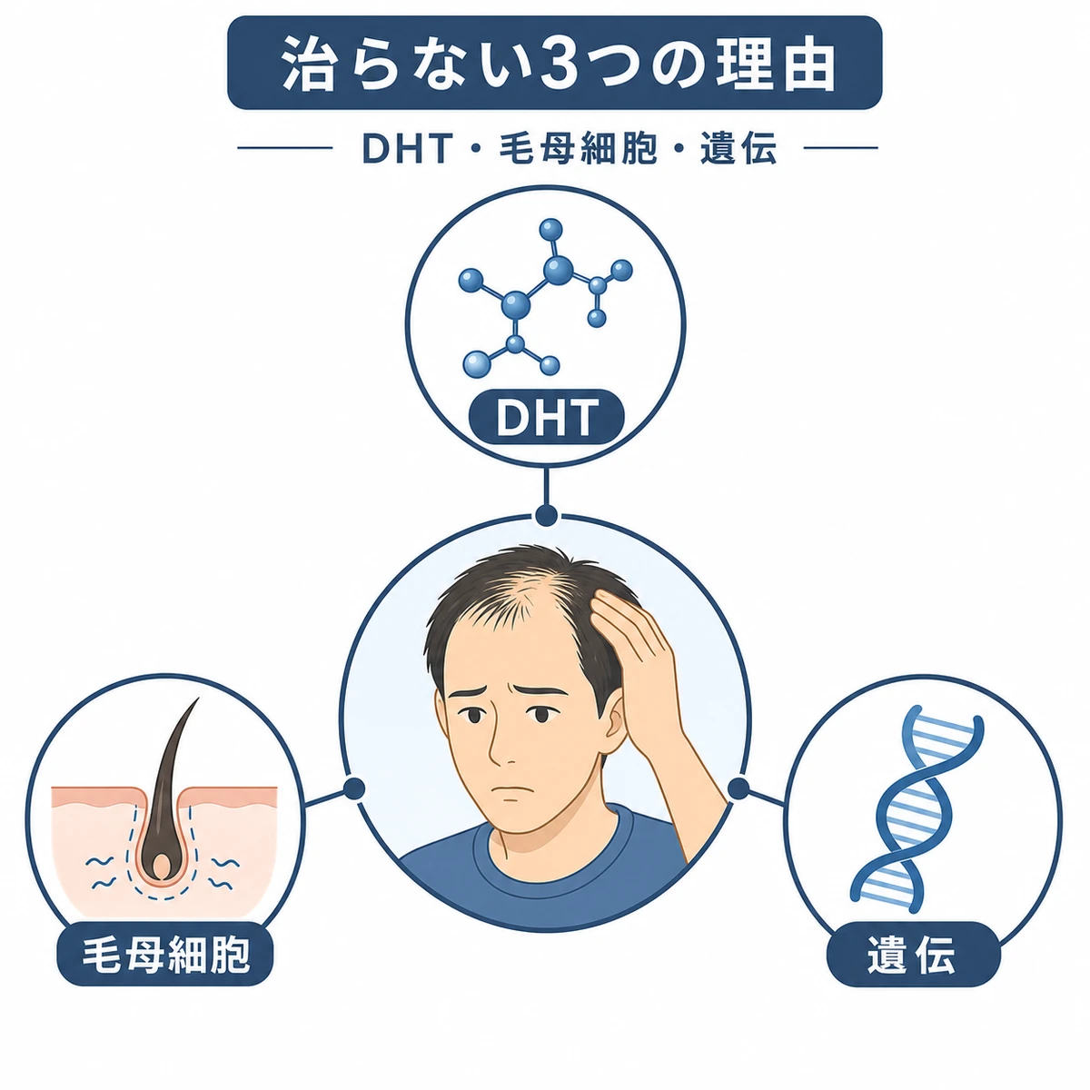 AGAが治らないとされるDHT・毛母細胞・遺伝の3つの要因を示した図解イラスト