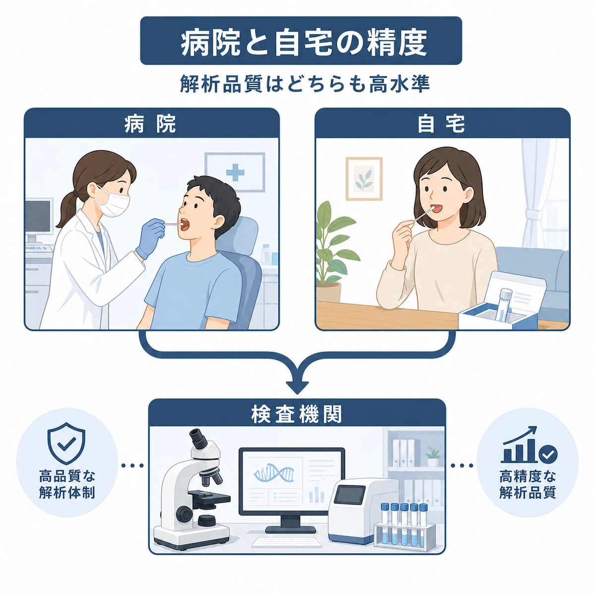 病院と自宅キットの検査精度の違いを左右で比較した医療イラスト