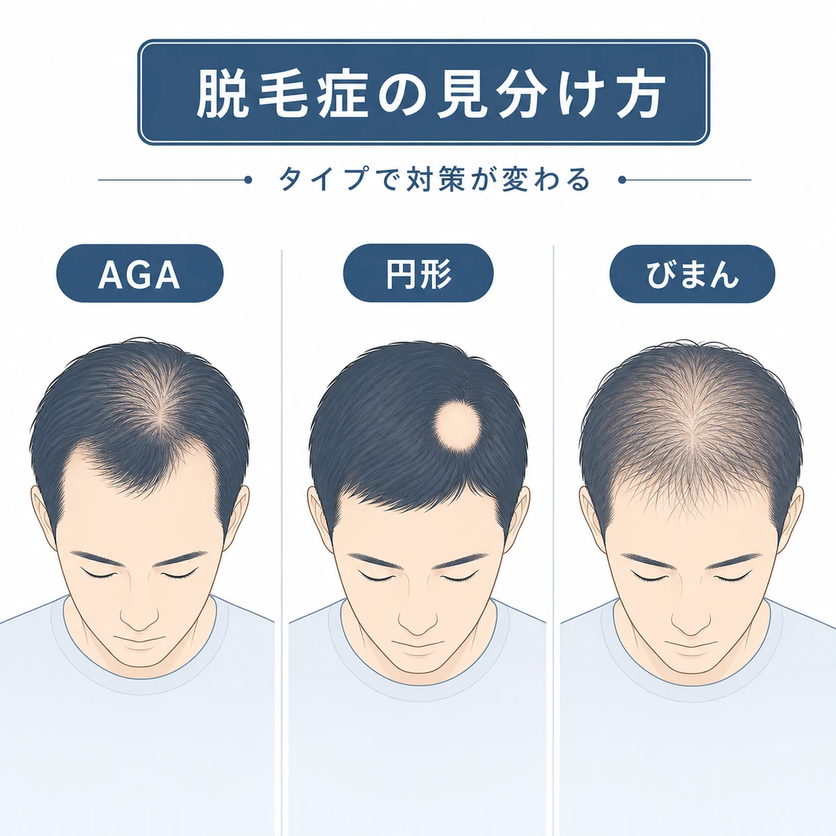 AGAと円形脱毛症などタイプ別の脱毛パターンの違いを示した医療イラスト