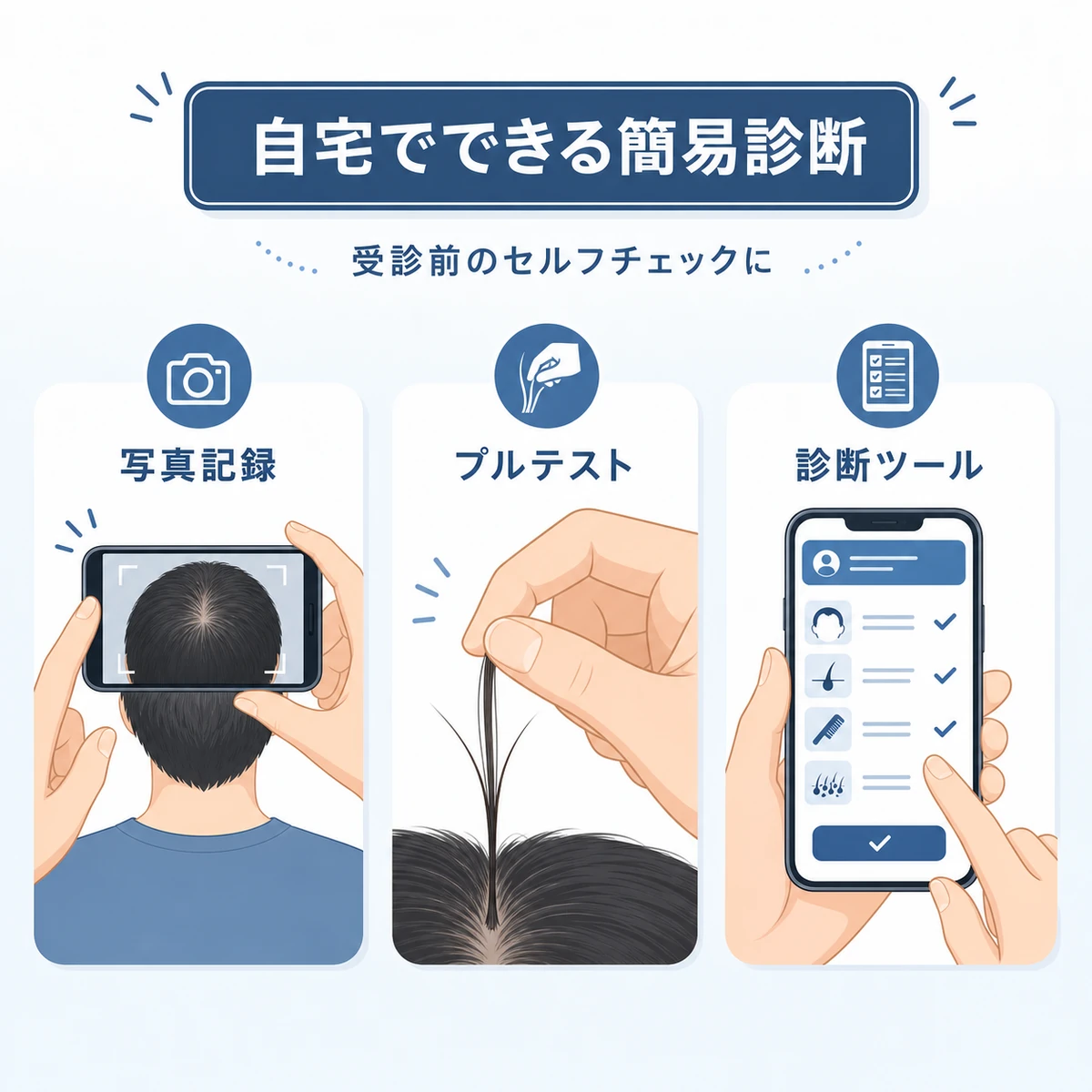 写真記録やヘアプルテストなど自宅でできるAGA簡易診断の方法を表した医療イラスト