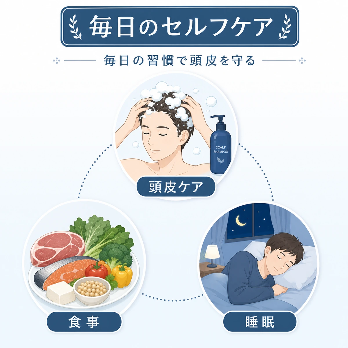 シャンプーや食事、睡眠など薄毛の進行を遅らせる日常のセルフケアを表した医療イラスト