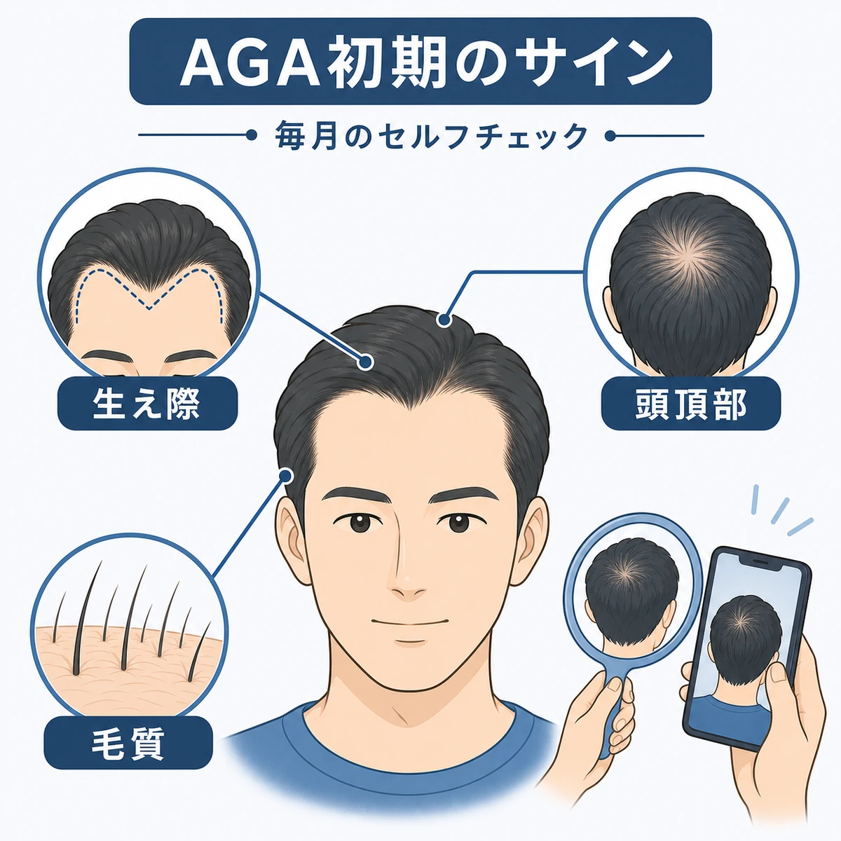生え際や頭頂部などAGA初期サインのセルフチェック箇所を描いた医療イラスト