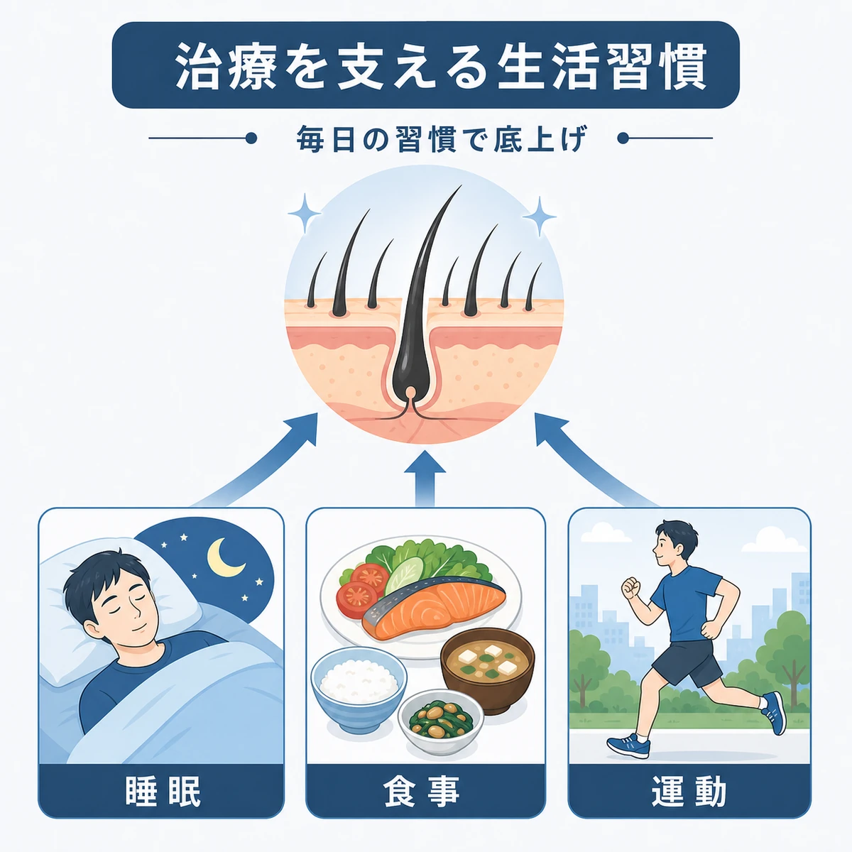 睡眠や食事など生活習慣の改善が頭皮を支えるようすを表した医療イラスト
