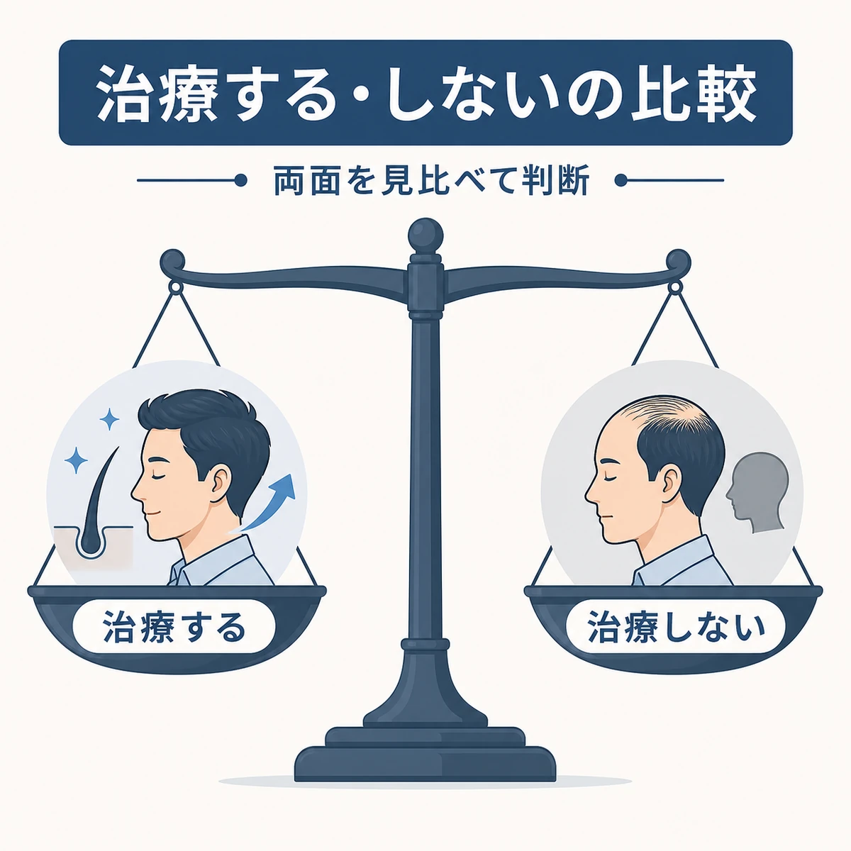 AGA治療を受ける場合と受けない場合を天秤で比較した医療イラスト
