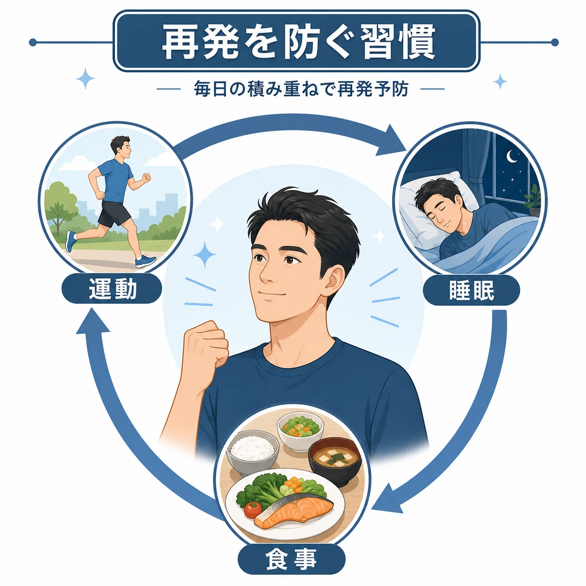 再発予防のために見直したい運動や睡眠などの生活習慣を表した医療イラスト