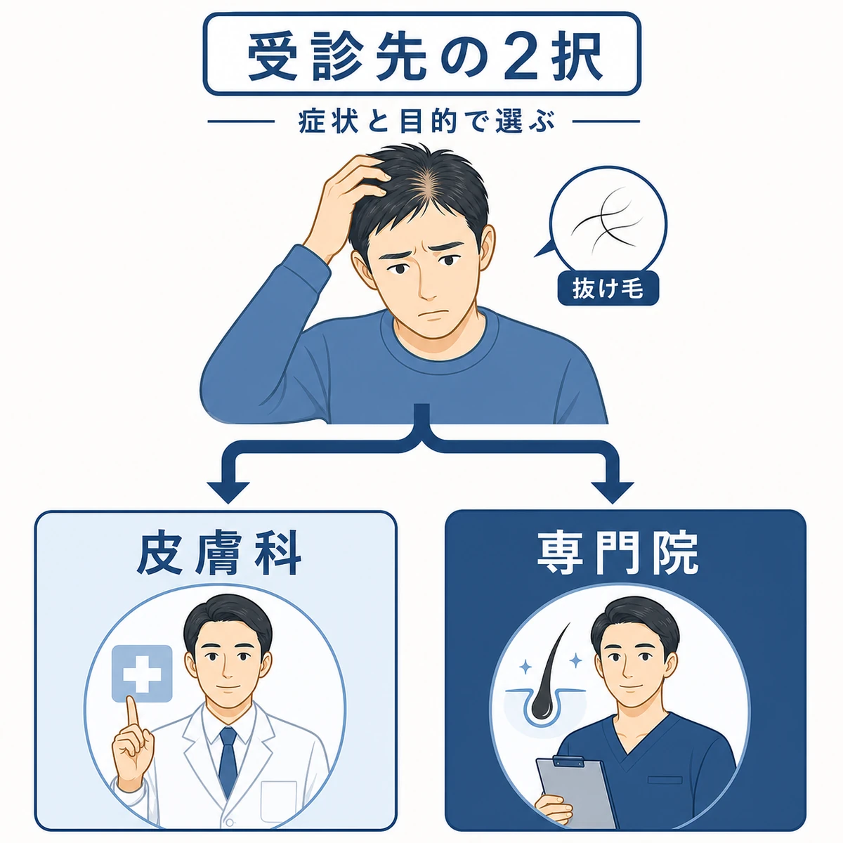 薄毛に悩む男性が皮膚科と薄毛専門クリニックの2つの受診先に分かれる判断フローを描いた医療イラスト