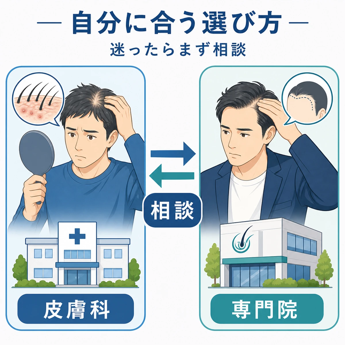 2タイプの男性が自分に合う受診先を選び相談で行き来する様子を描いた医療イラスト