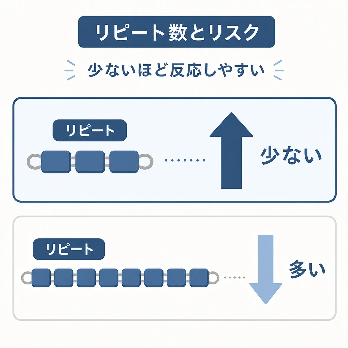 遺伝子のリピート回数が少ないほど薄毛リスクが高まる関係を帯の長さで表した医療イラスト
