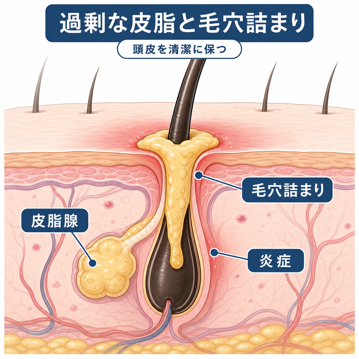 ストレスで皮脂が過剰に分泌され毛穴が詰まり頭皮が炎症を起こす様子を表した医療イラスト