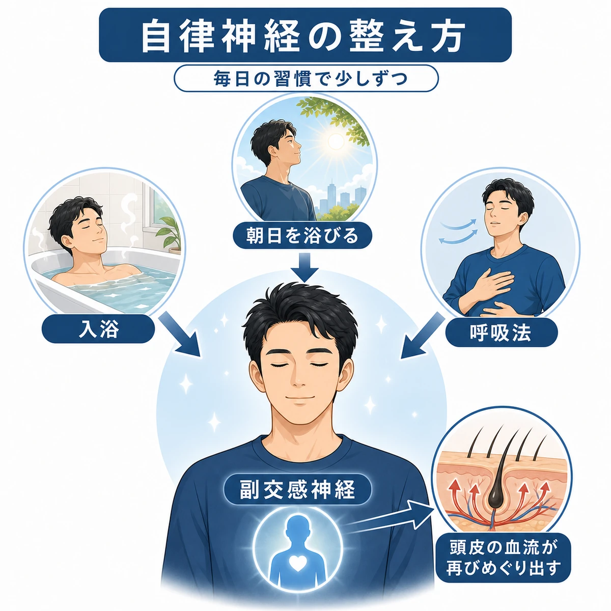 入浴や呼吸法などの習慣で副交感神経を優位にし頭皮の血行を促す様子を表した医療イラスト