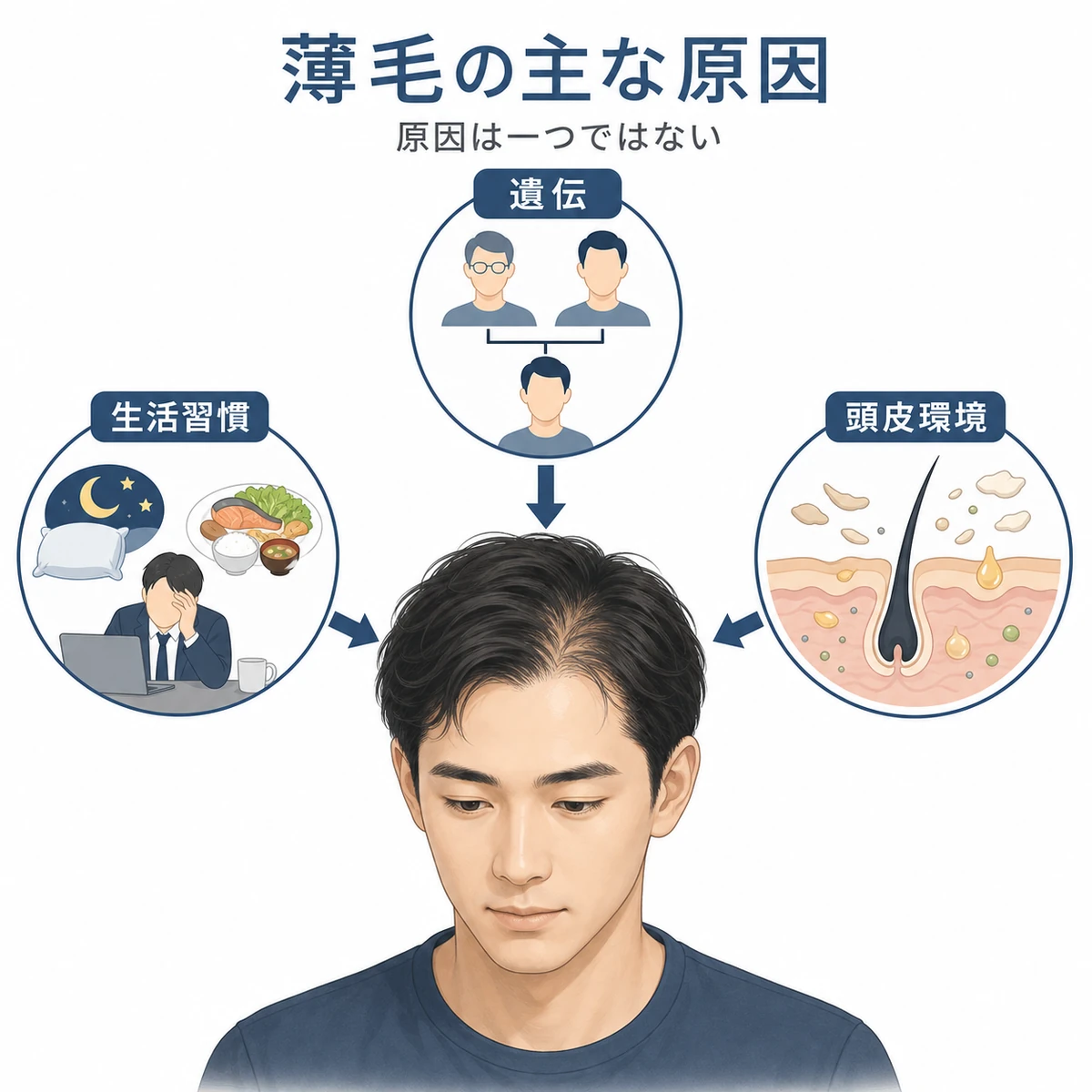 20代男性の薄毛を招く遺伝や生活習慣などの原因を中心の頭部へ矢印でつないだ相関図イラスト