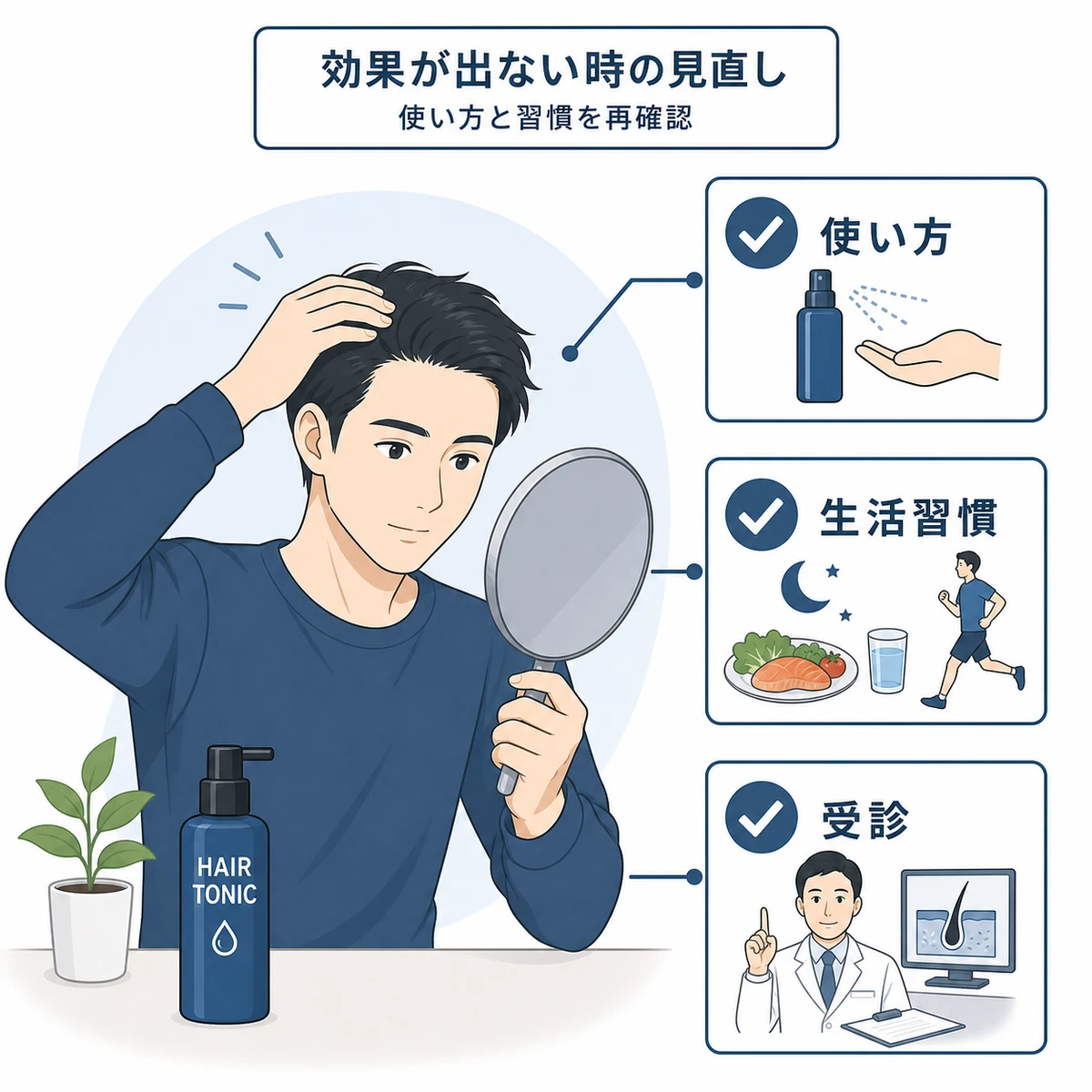 育毛剤の効果を感じない時に使い方や生活習慣を点検する若い男性のチェックイラスト
