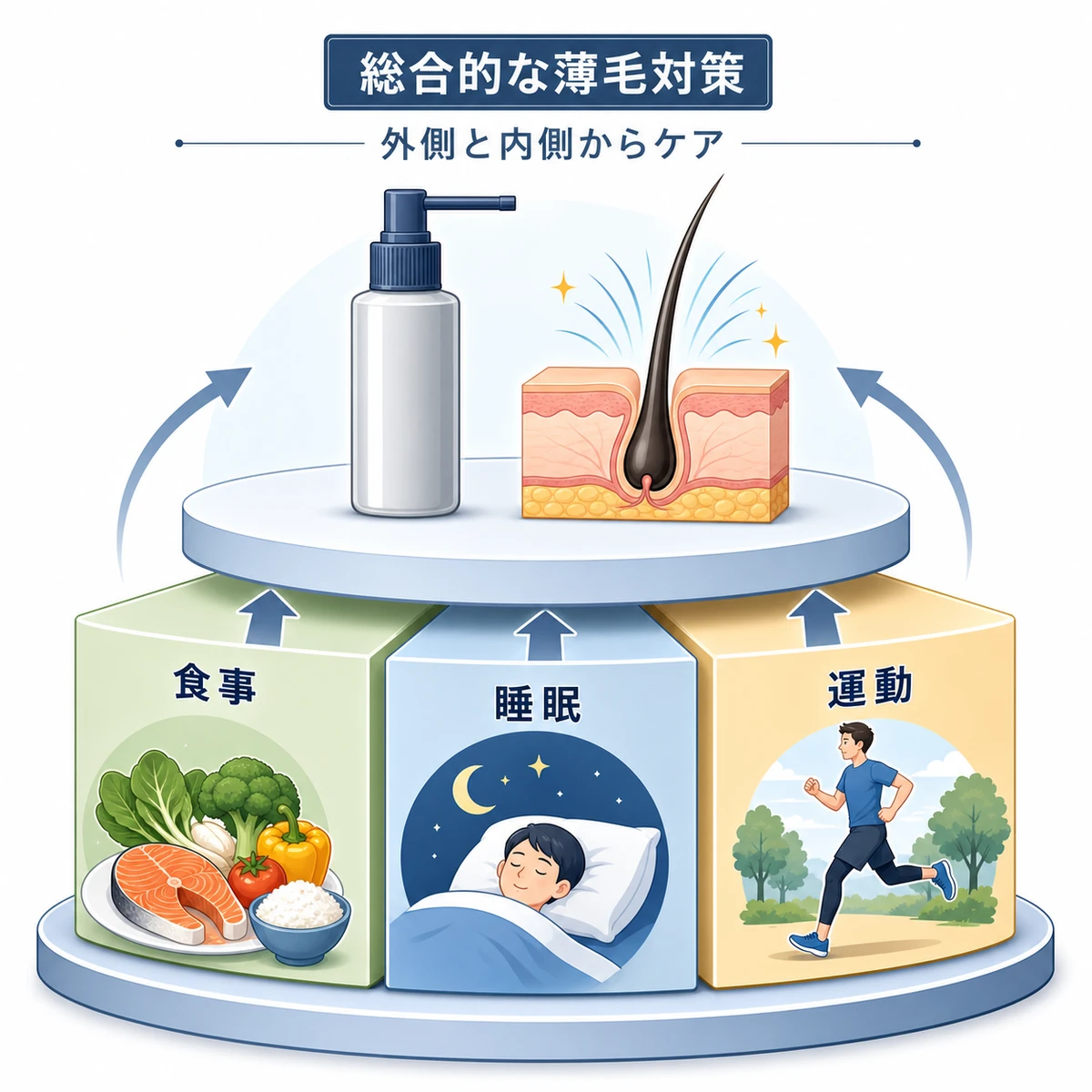 育毛剤に食事や睡眠などの生活習慣を組み合わせる総合的な薄毛対策を土台構造で表した育毛イラスト