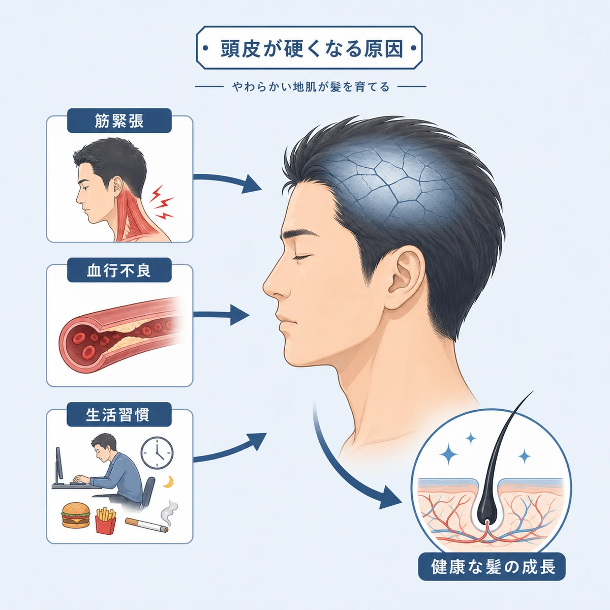 頭皮の硬さが血行不良や筋緊張を通じて薄毛につながる流れを表した医療イラスト