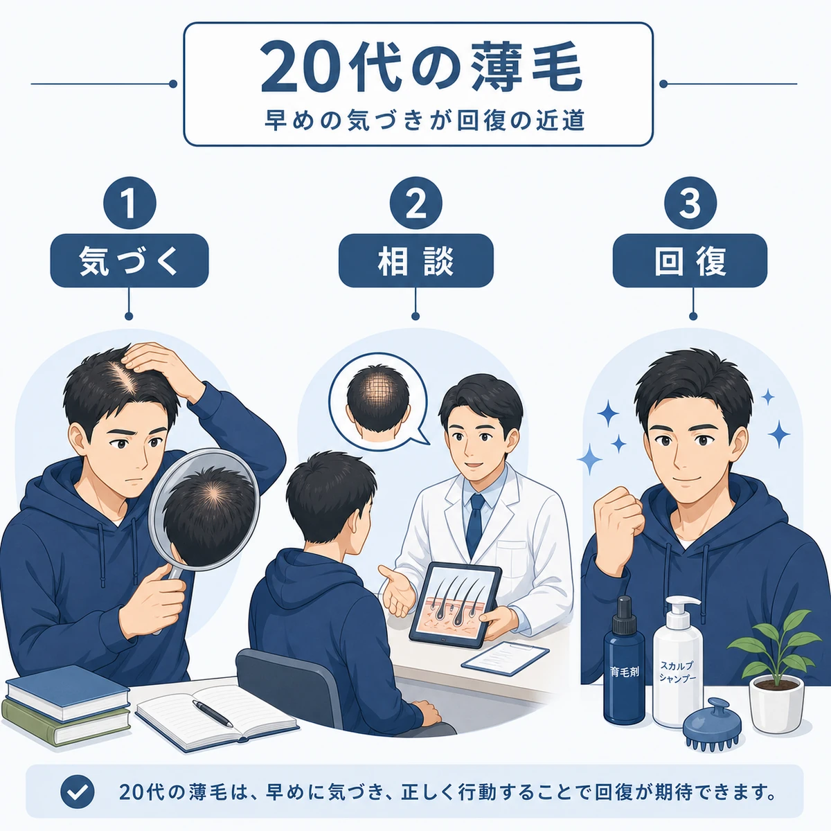 20代の薄毛に早く気づき対策へ進む流れを表した医療イラスト