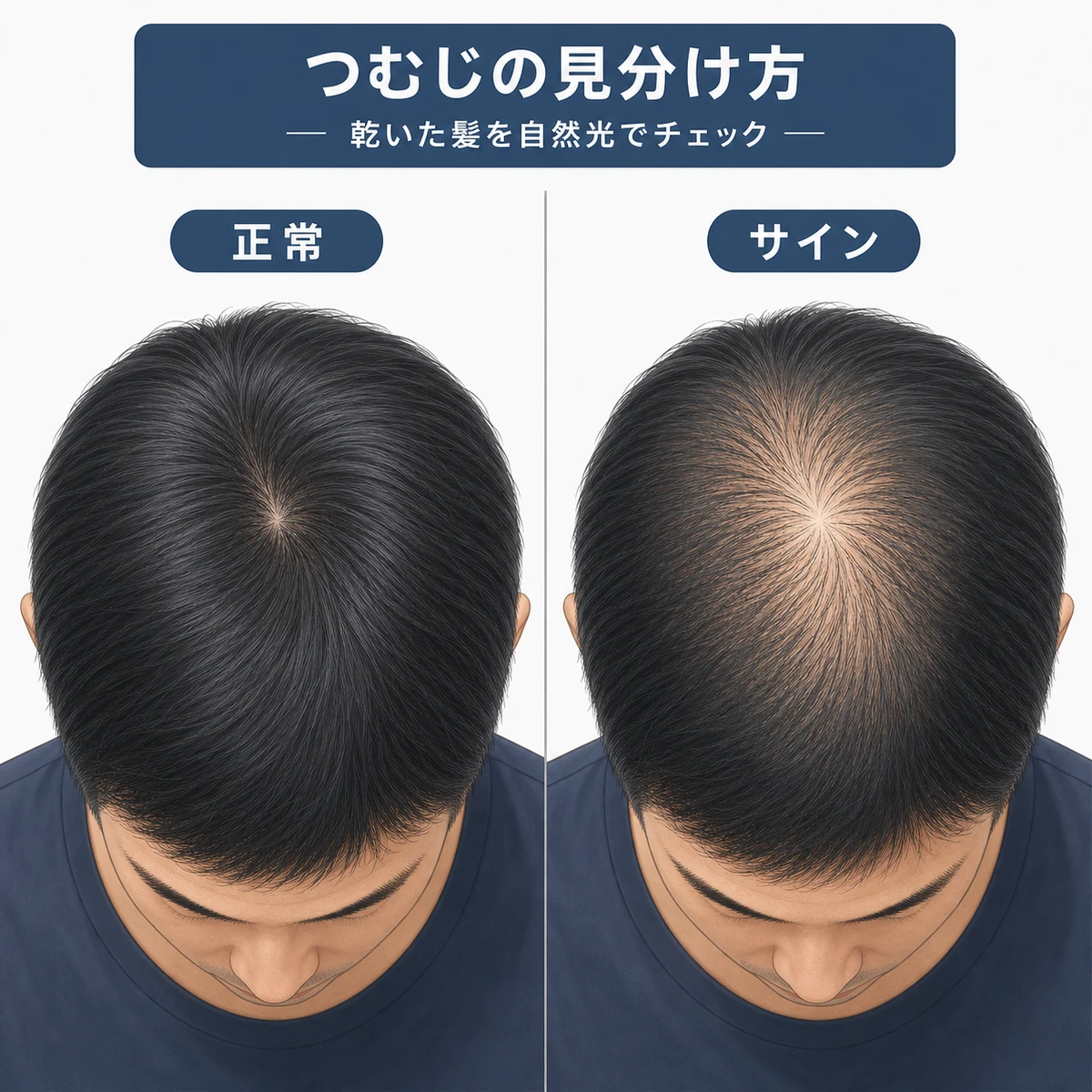 正常なつむじと薄毛のサインを左右で比べた医療イラスト