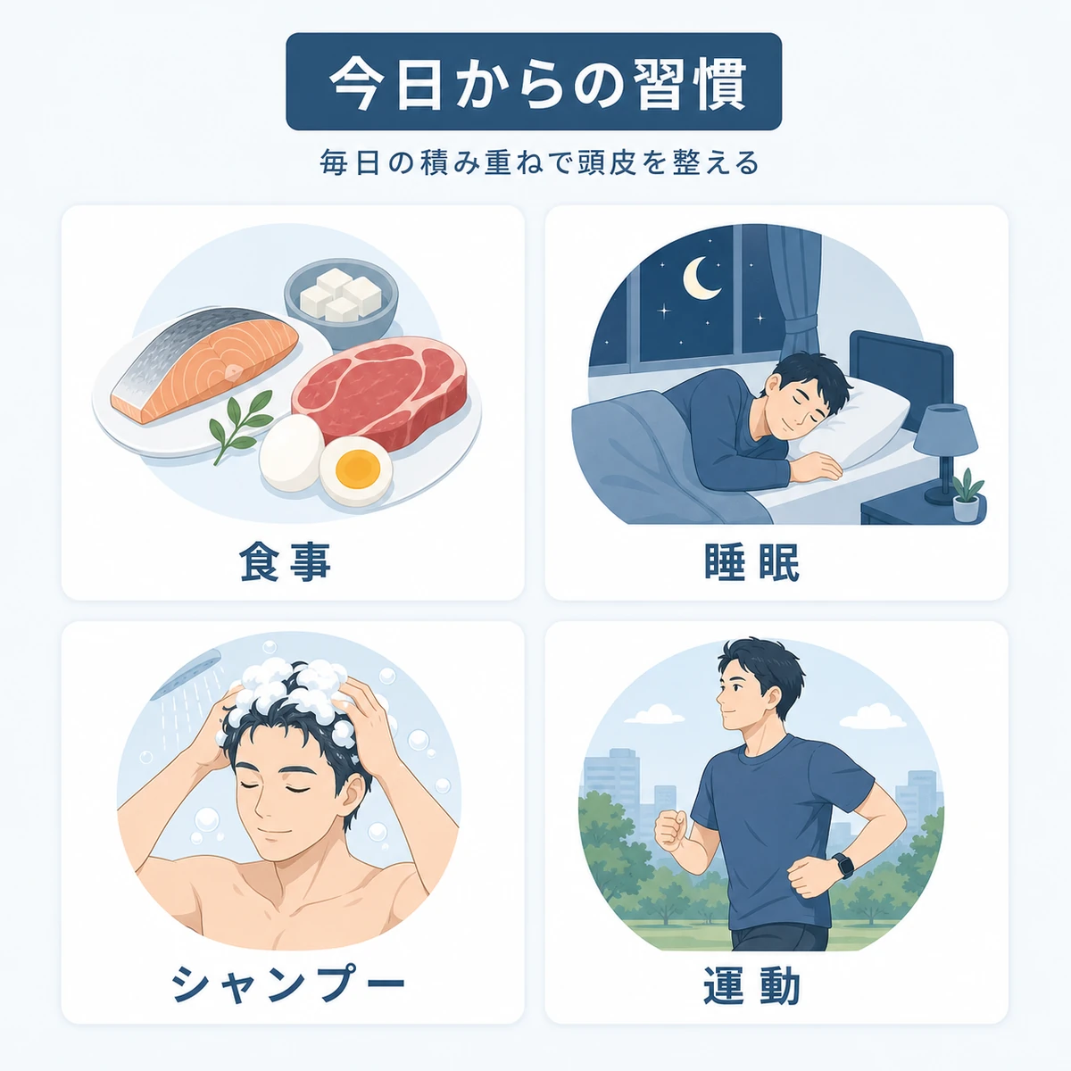 食事や睡眠など毎日のセルフケア習慣を並べた医療イラスト