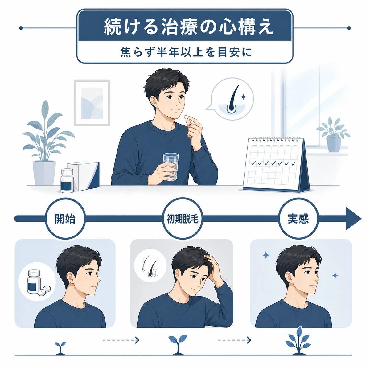 治療開始から効果を実感するまでの時間の流れを表した医療イラスト