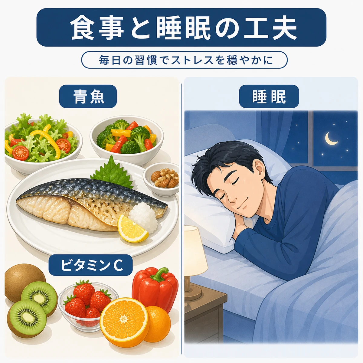 食事と睡眠でストレスホルモンを抑える工夫を表した医療イラスト
