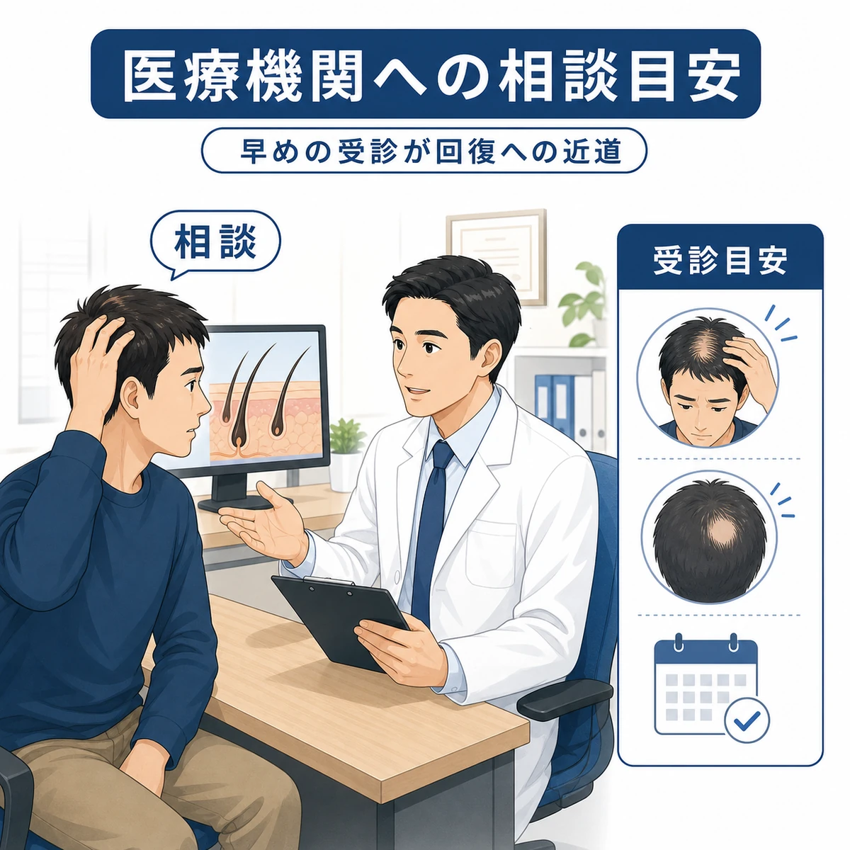 薄毛を医療機関へ相談する場面を表した医療イラスト