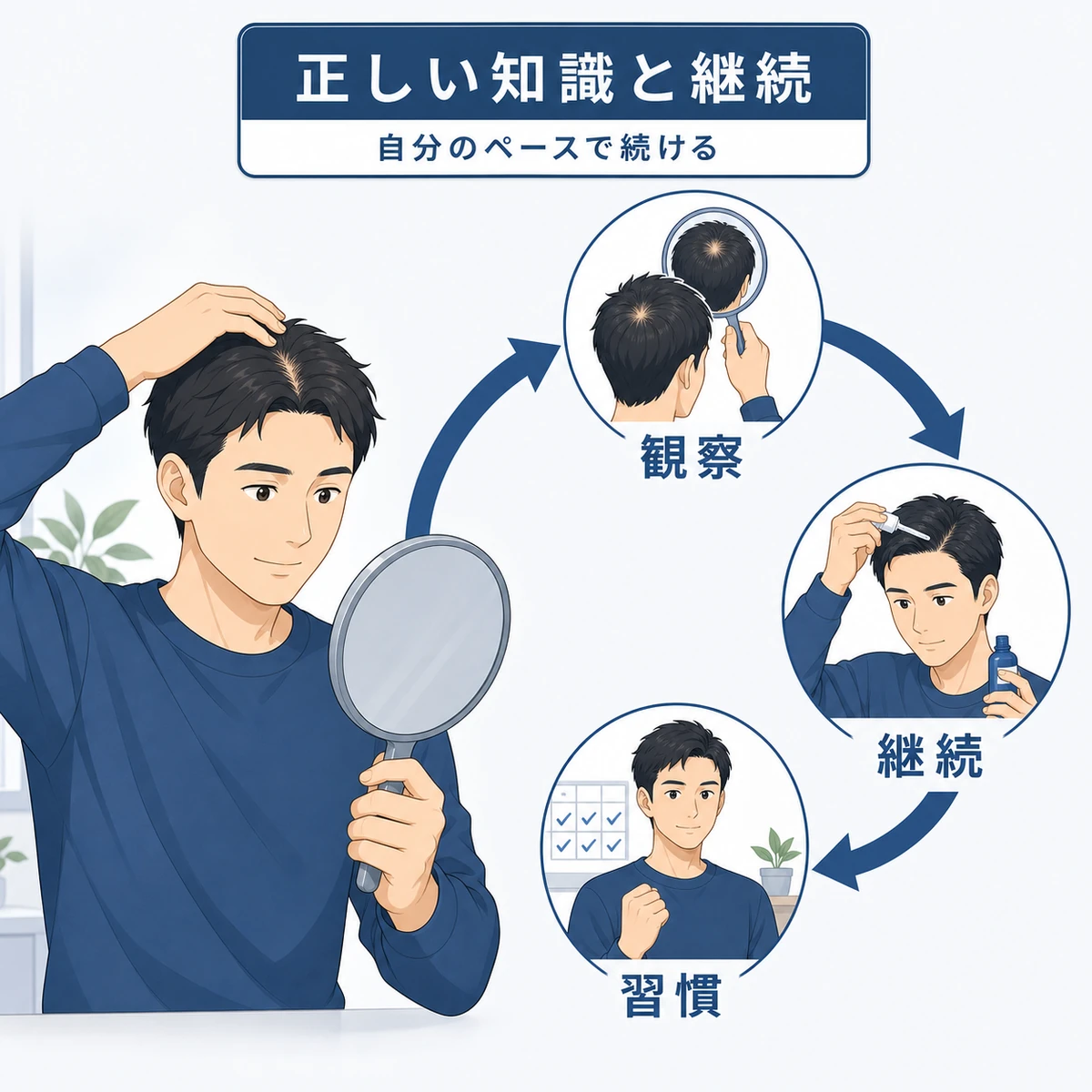 成人男性が頭皮を確認し正しい知識でケアを継続する循環を表した医療イラスト