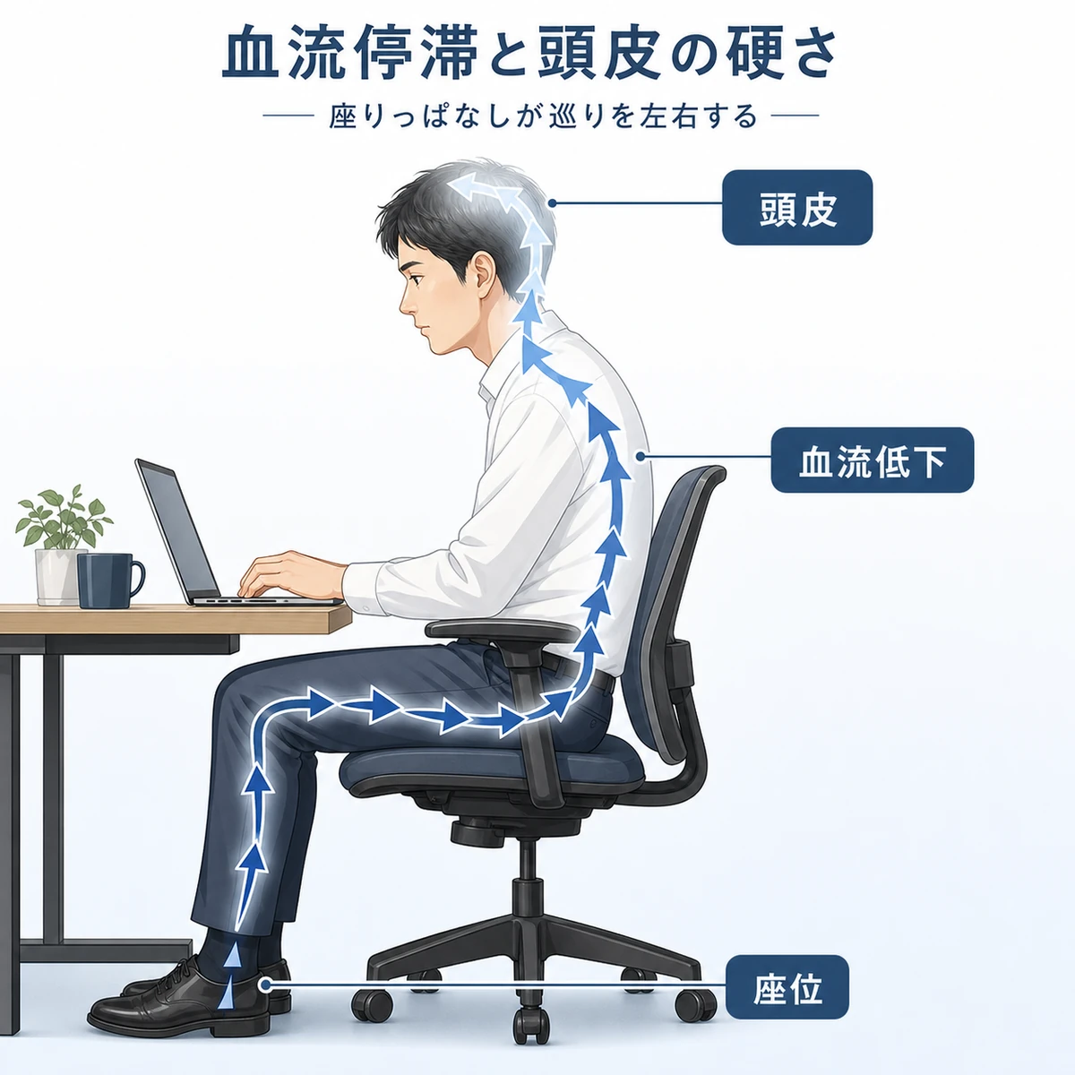 デスクワークの座位姿勢で頭皮への血流が弱まる流れを表した医療イラスト